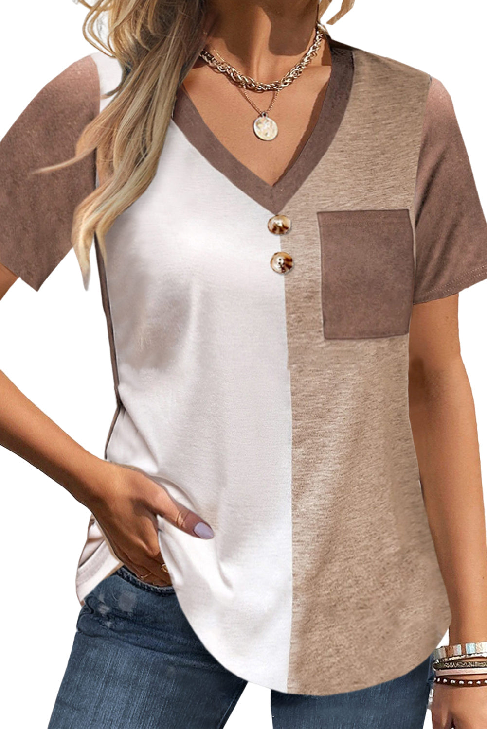 Khaki Color Block Patchwork Button V Neck T-shirt