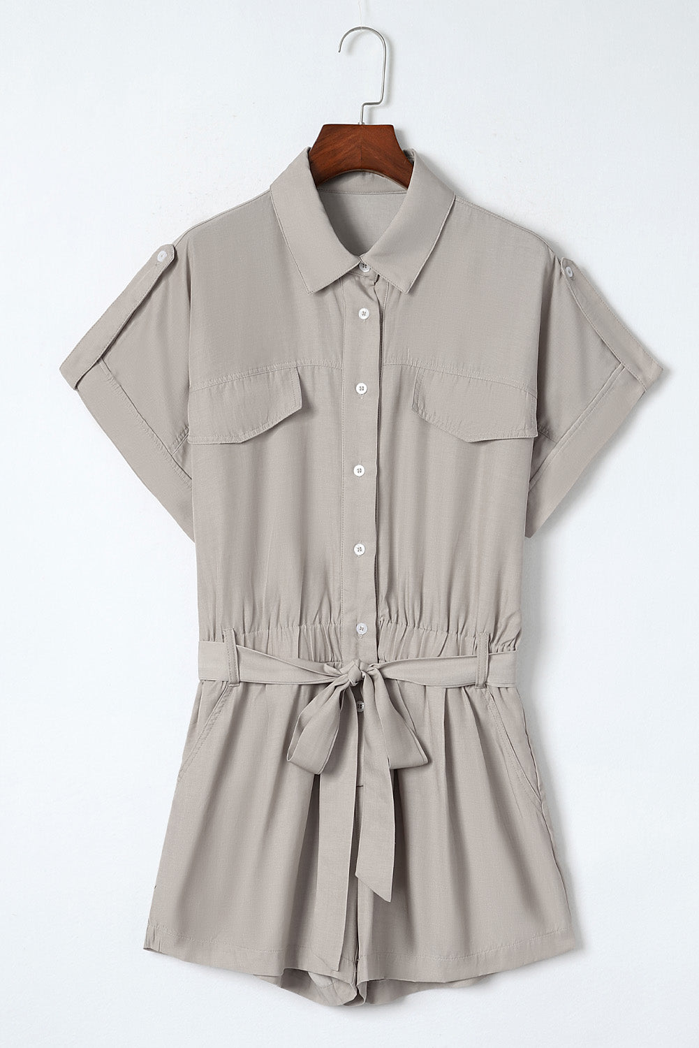Gray Buttoned Pockets Lace-up Belt High Waist Romper