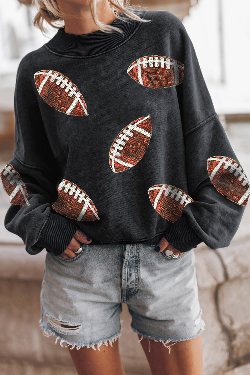 Black Rugby Print Side Split Loose Fit Sweatshirt
