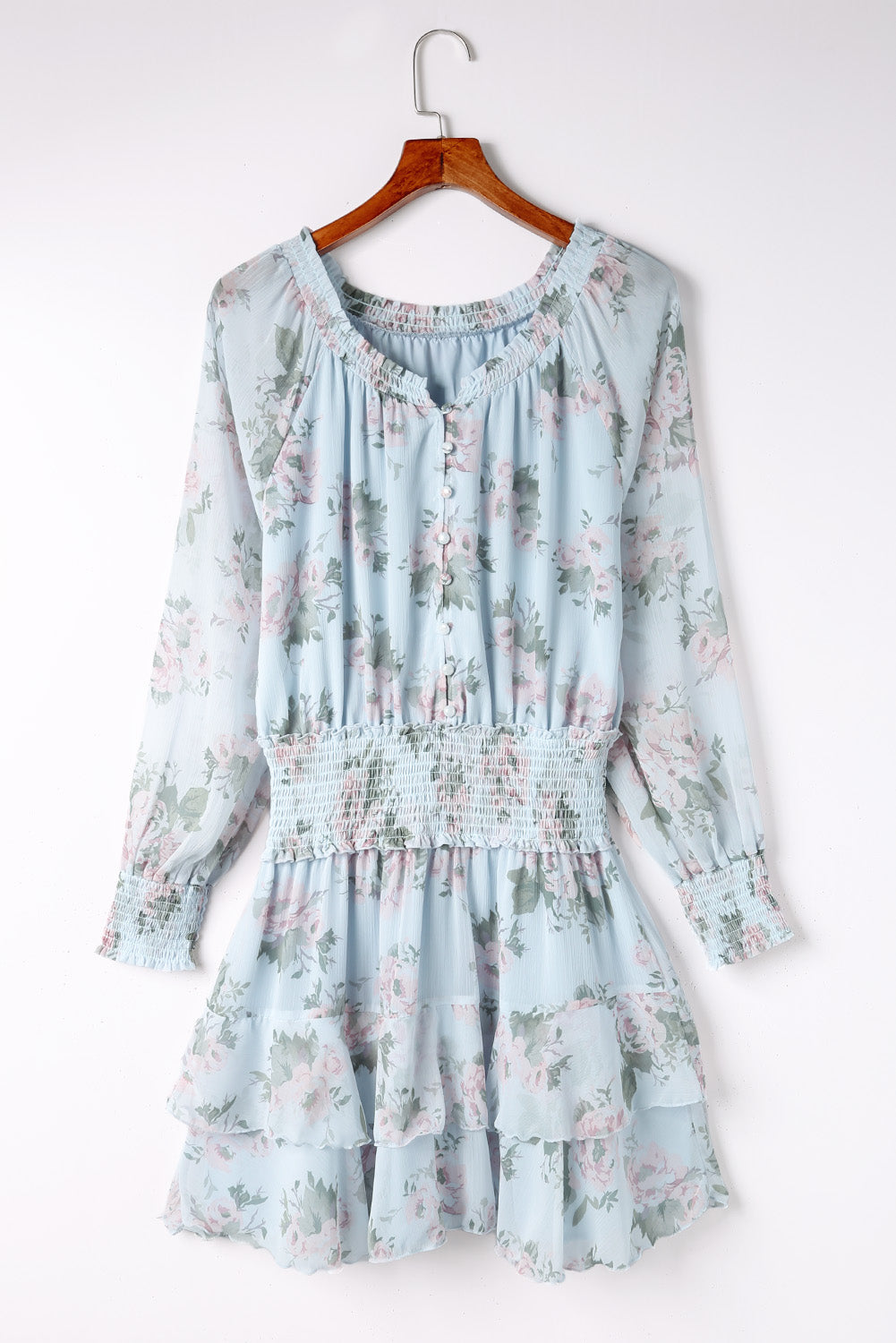 Green Floral Print Tiered Ruffled Shirred High Waist Mini Dress