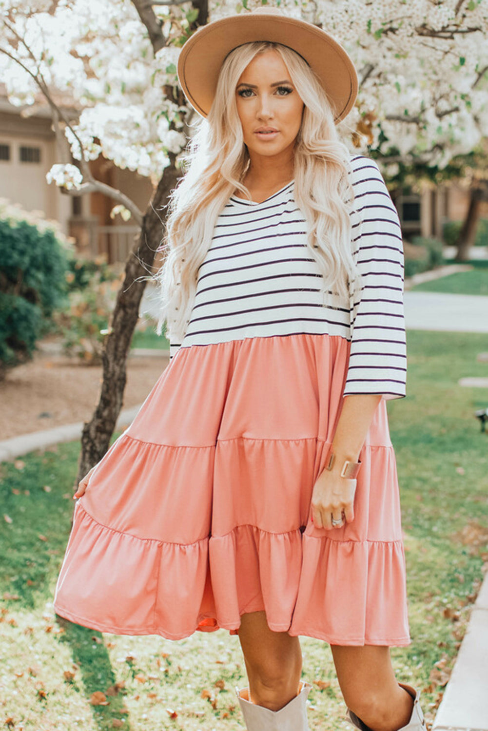 Striped Patchwork Tiered Ruffle T Shirt Dress