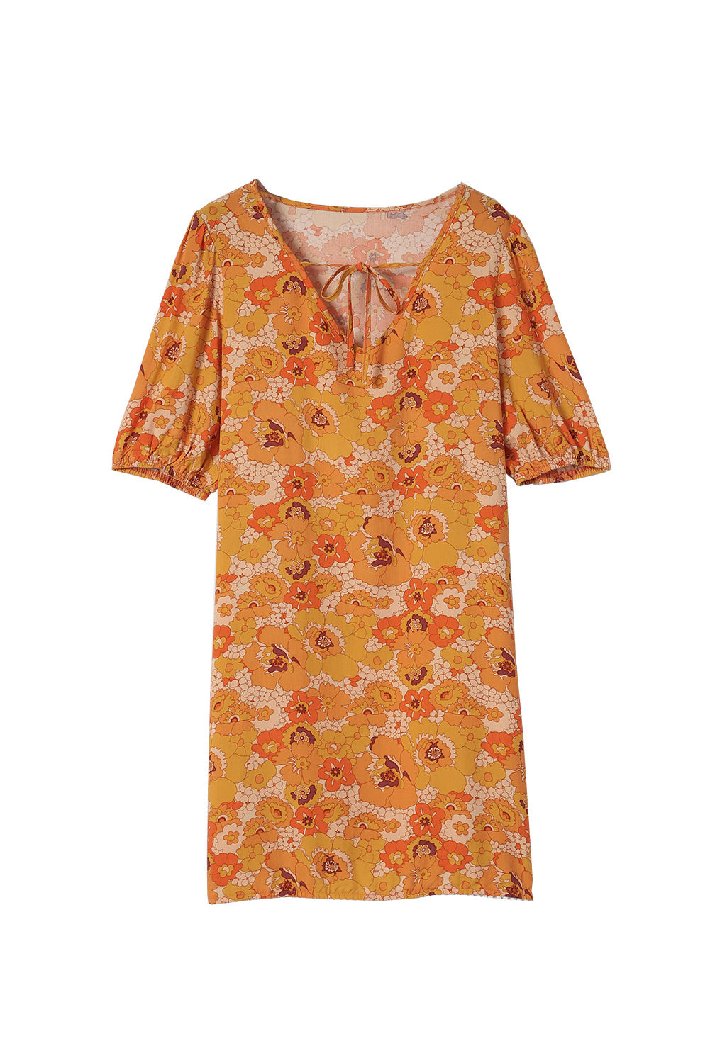 Yellow Puff Sleeve Floral Dress with Pompom Trim