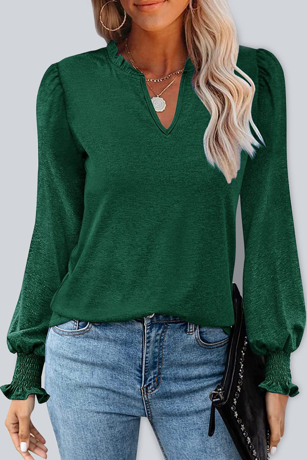 Black Frill V Neck Puff Long Sleeve Top