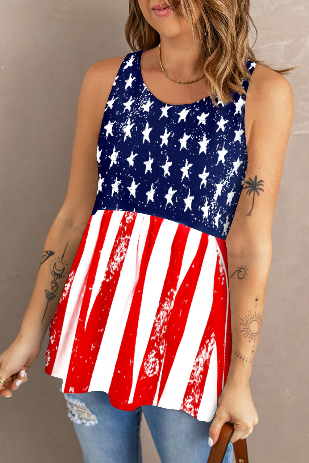 Blue Stars Stripes Flag Print Longline Tank Top