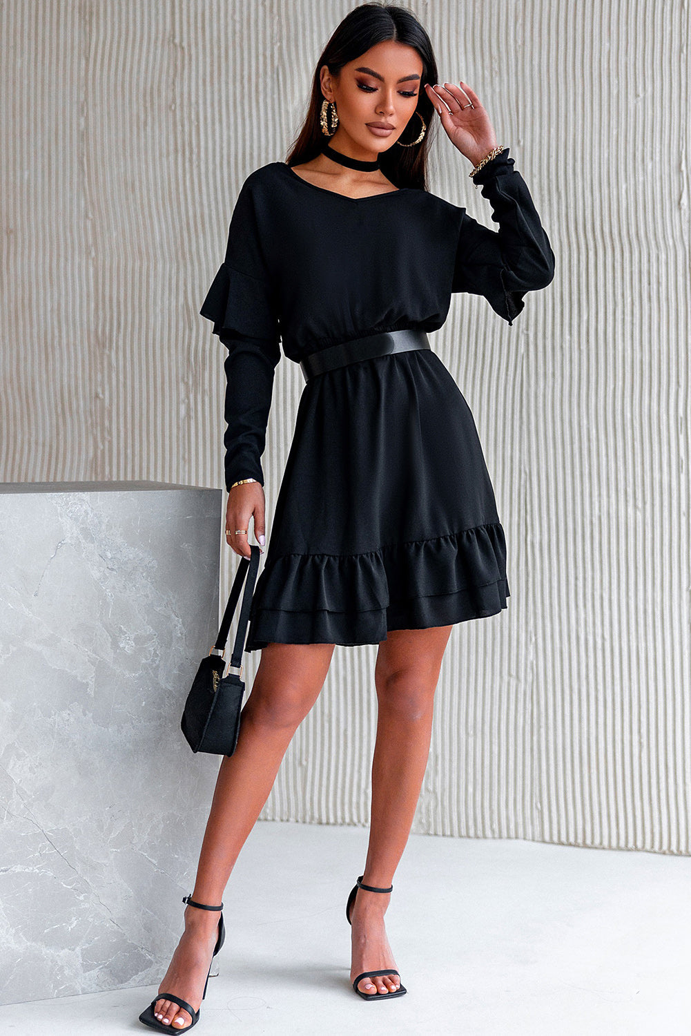 Black Ruffled V Neck Cut-out Back Elastic Waist Dress