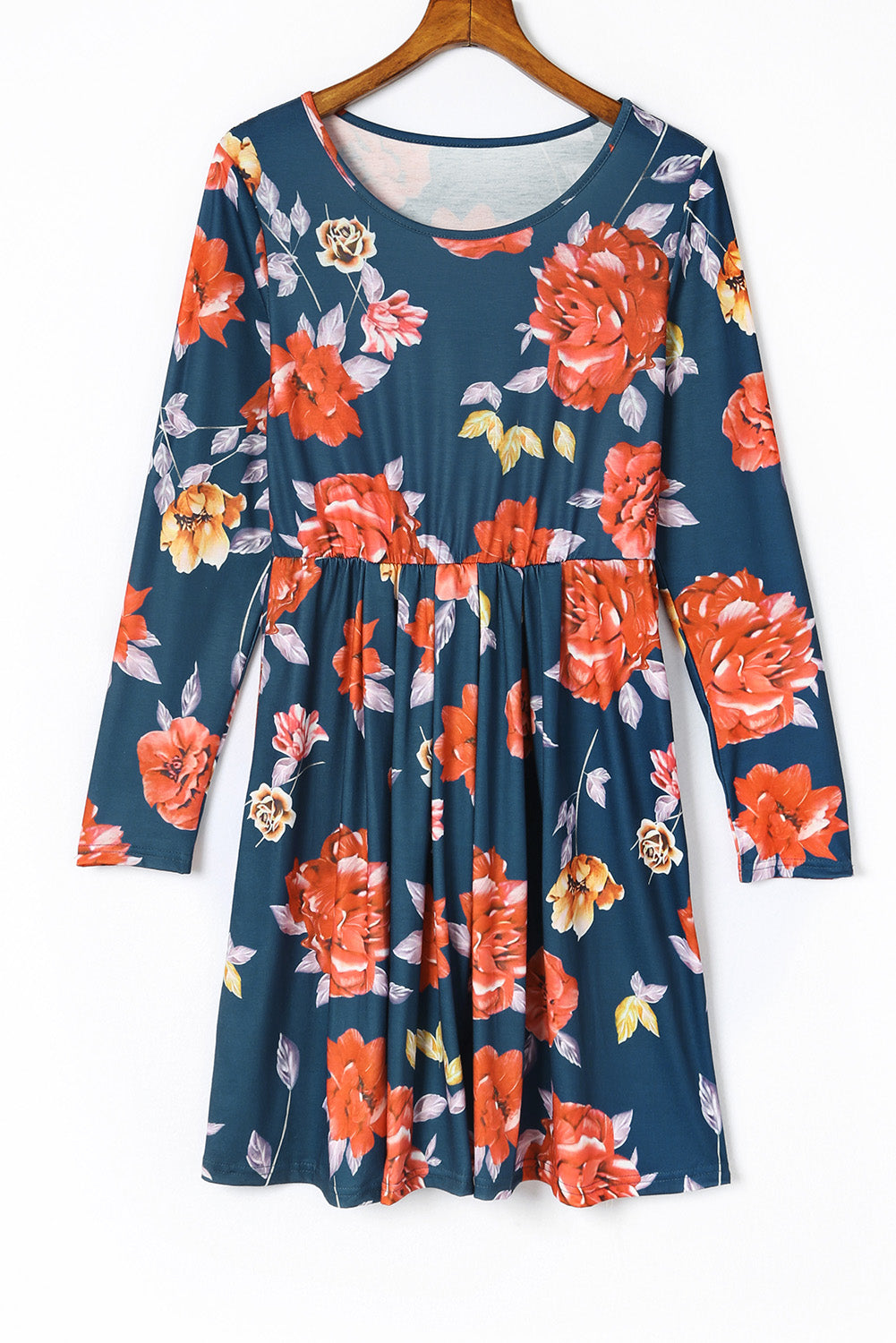 Blue Floral Pleated Long Sleeves Dress