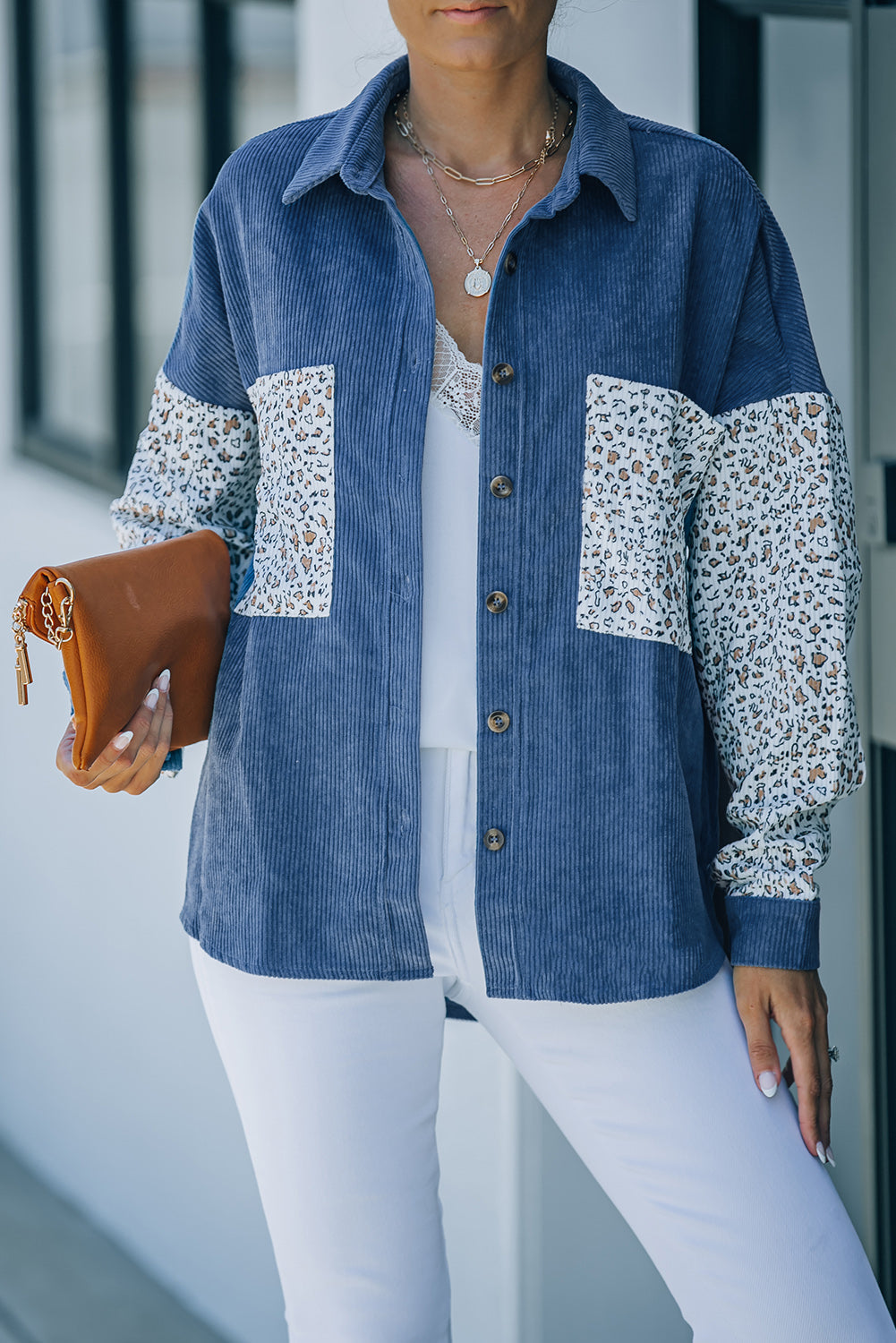 Gray Leopard Patchwork Corduroy Buttoned Shirt Jacket