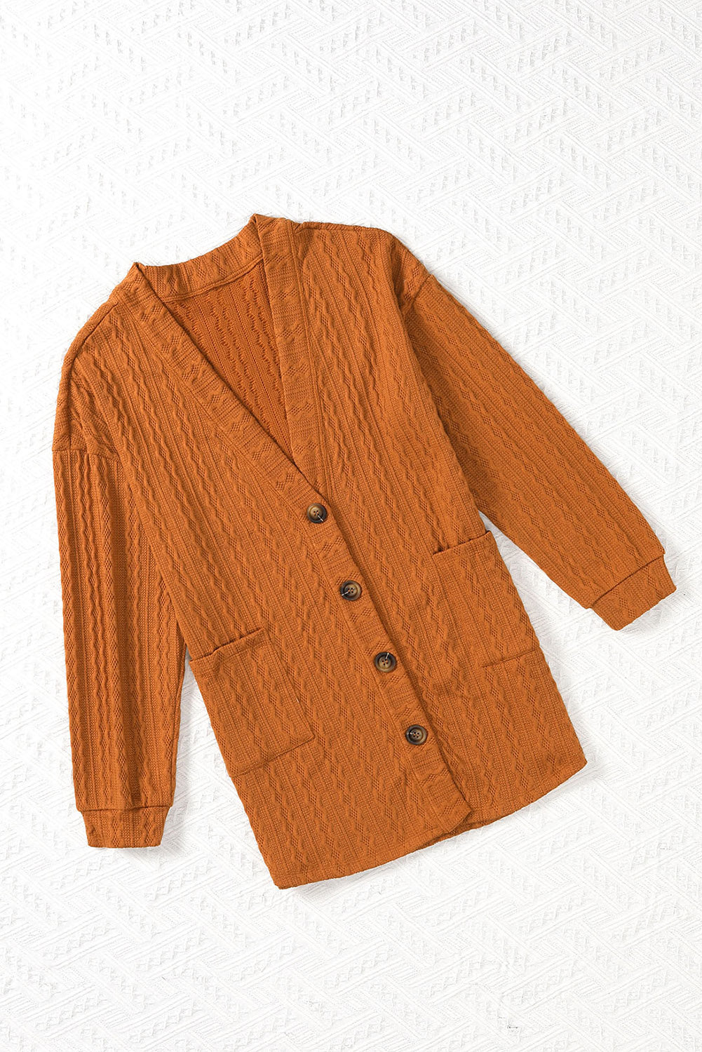 Brown Button Front Pocketed Cable Knit Cardigan