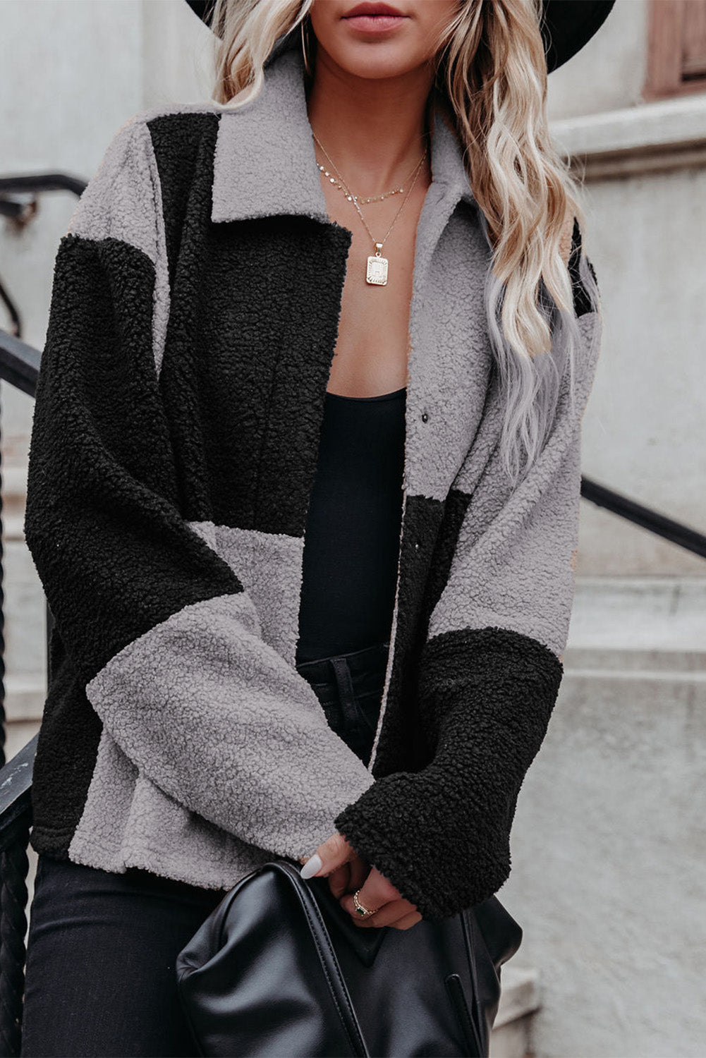 Black Colorblock Checkered Sherpa Jacket