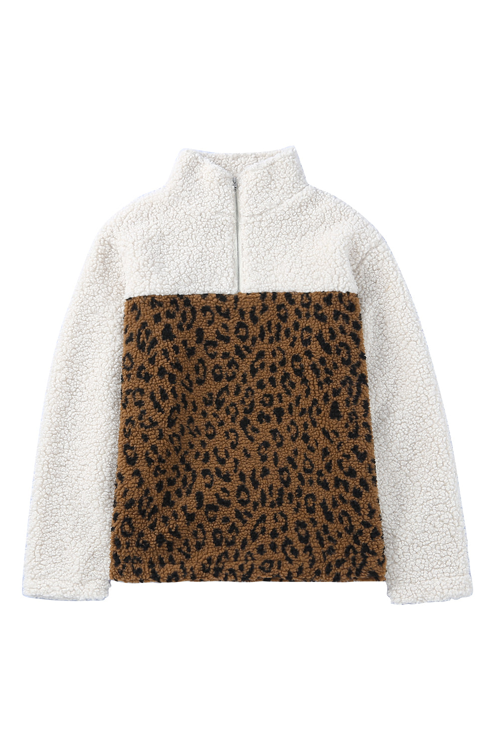 Leopard Plus Size Leopard Colorblock Zipped Sherpa Pullover