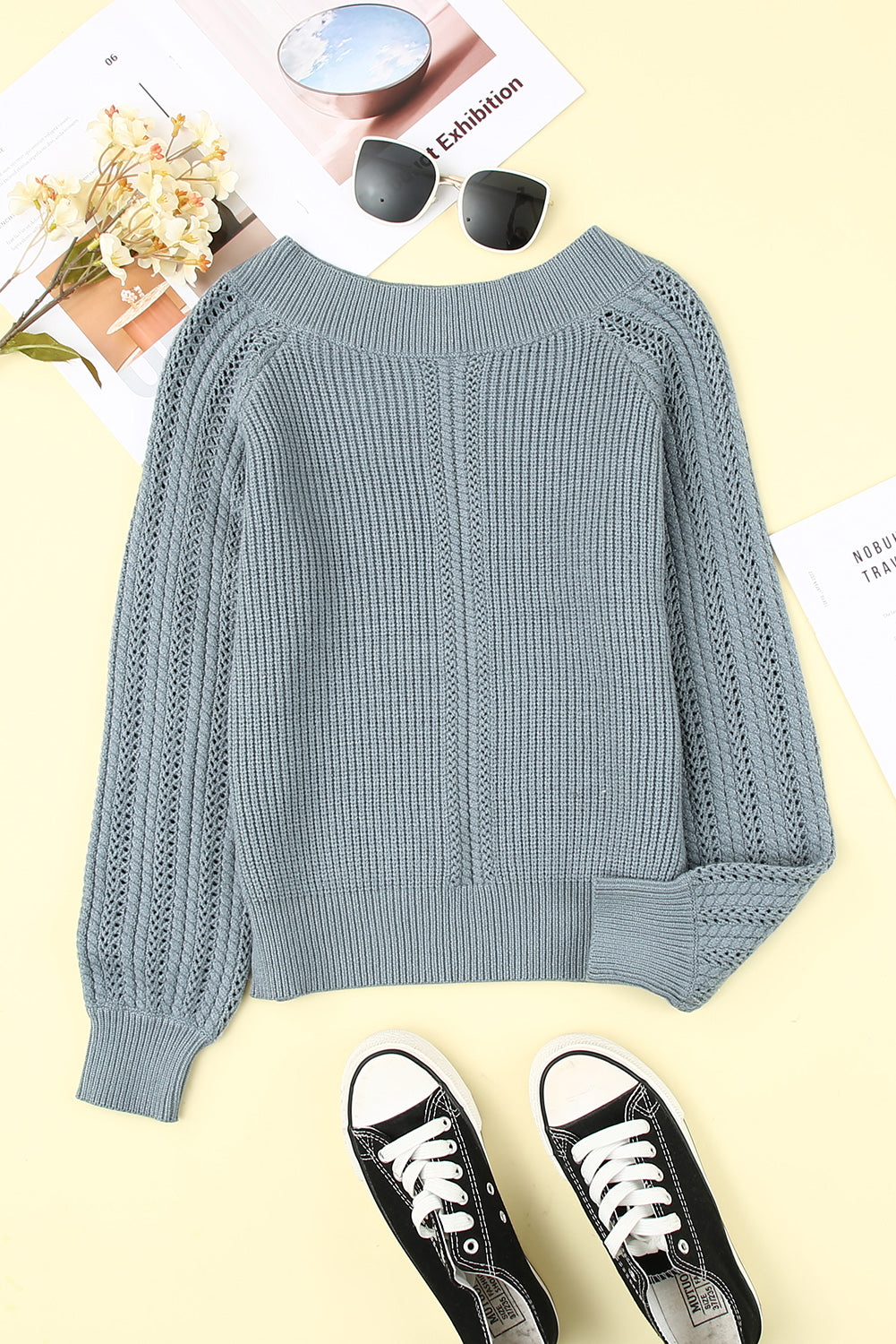 Gray Plain Hollow-out Knit Long Sleeve Pullover Sweater