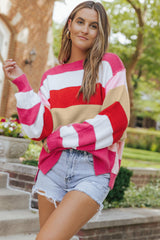 Red Mix Horizon Stripes Dolman Sleeve Sweater