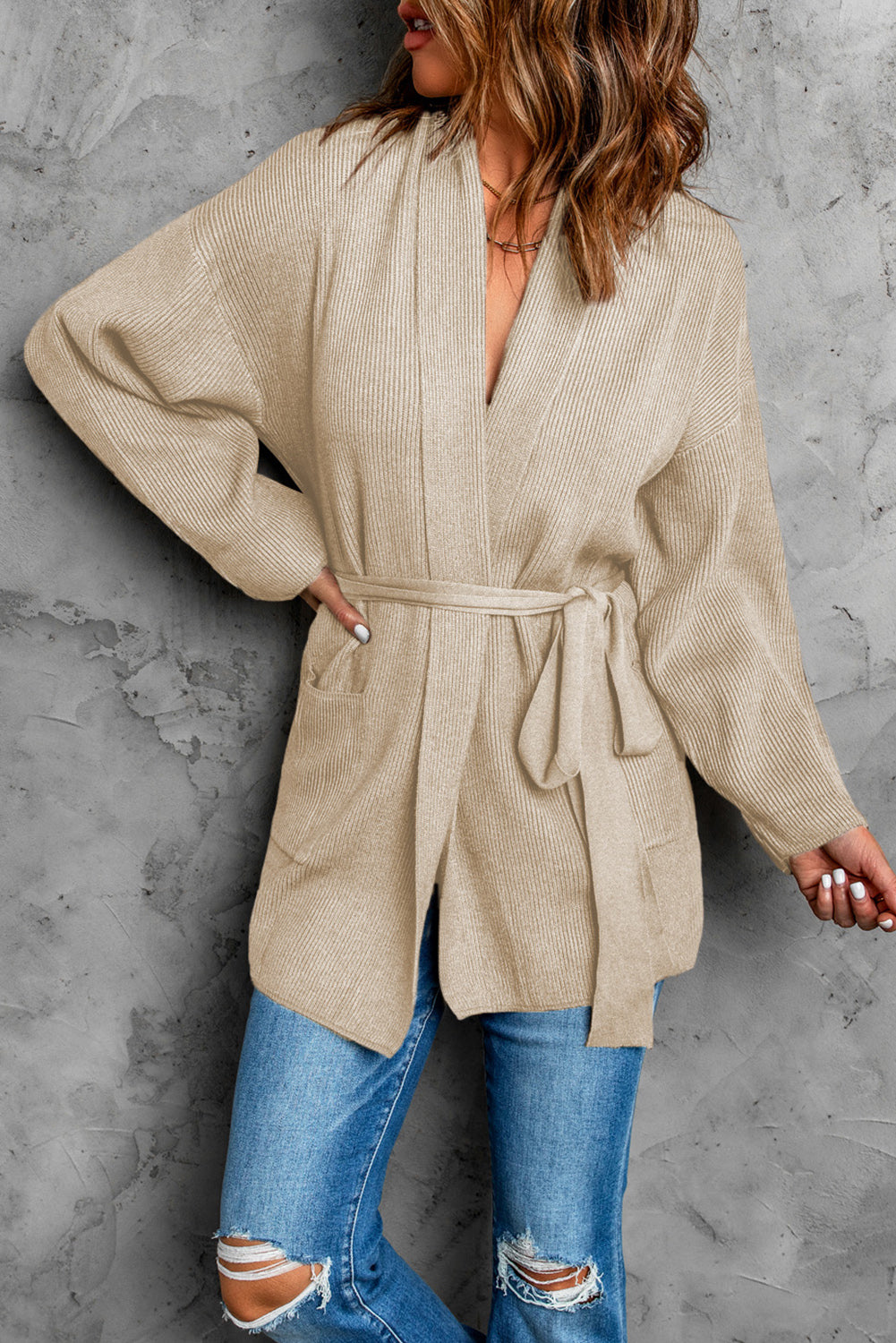 Black Robe Style Rib Knit Pocketed Cardigan with Belt