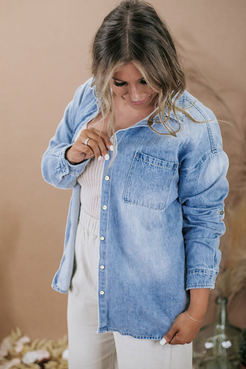 Sky Blue Plus Size Chest Pocket Button-Up Denim Shacket