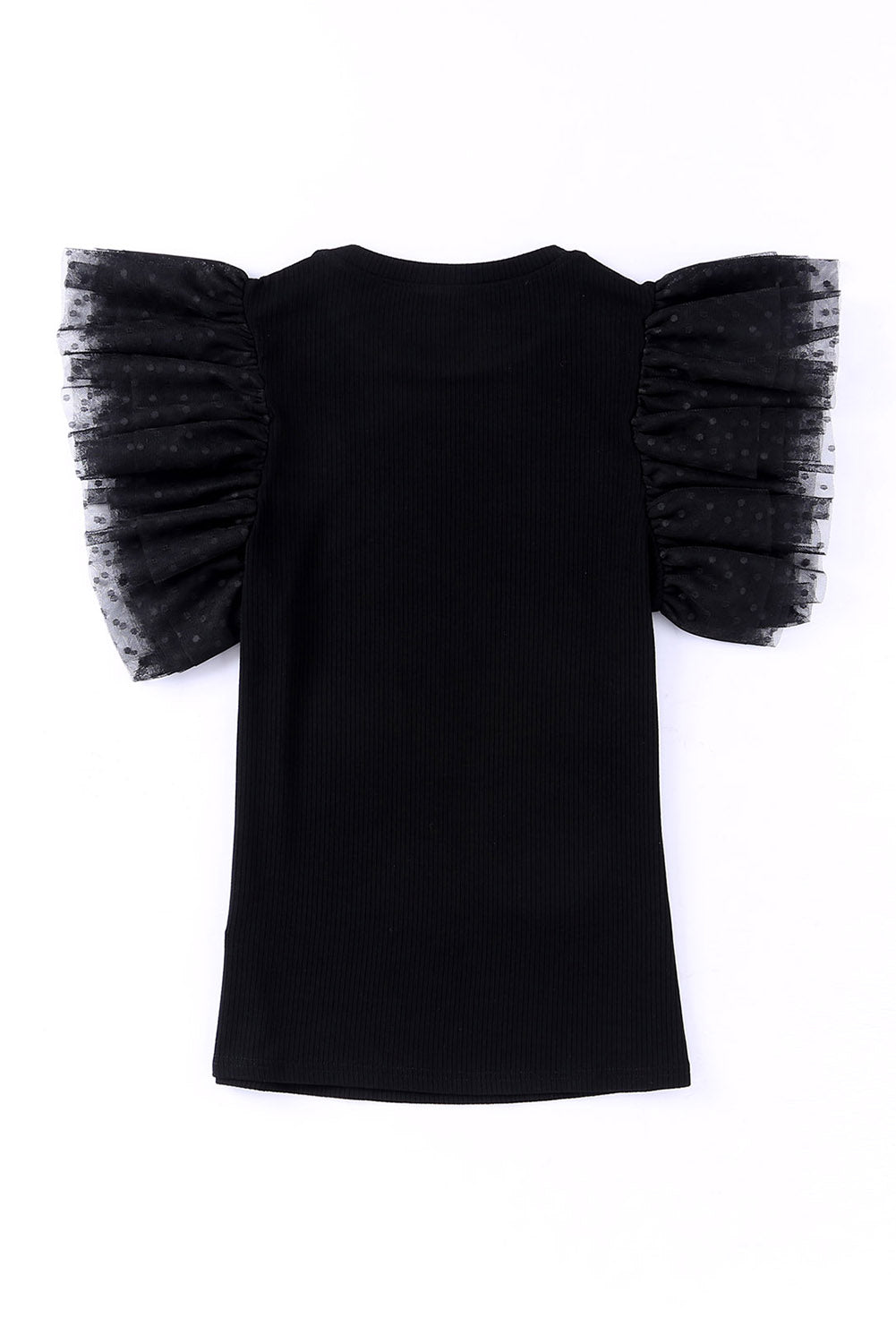 Black Dotty Mesh Ruffle Sleeve Ribbed Knit Babydoll Mini Dress