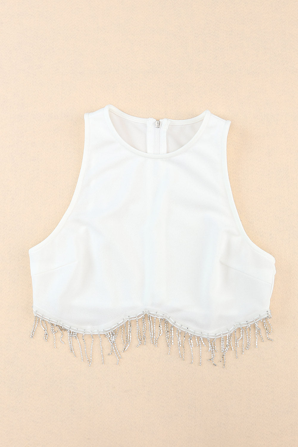 White Rhinestone Fringe Zip Back Round Neck Cropped Tank Top