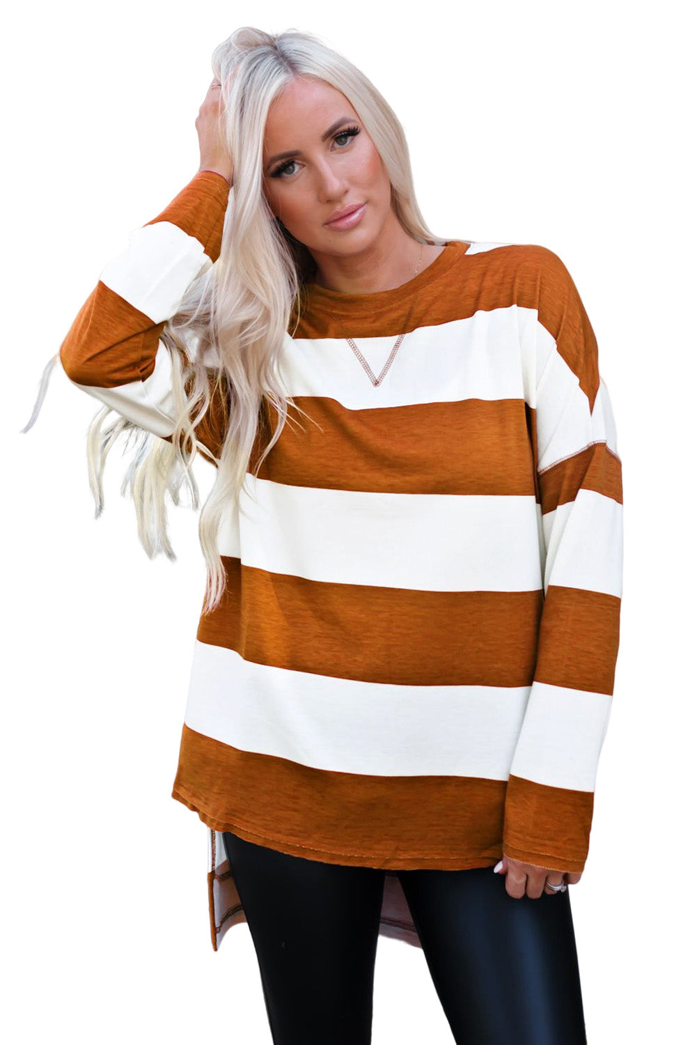 Brown Striped Drop Shoulder Pullover Sweatshirt