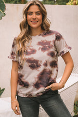 Brown Vintage Tie Dye Ruffled Sleeve T Shirt