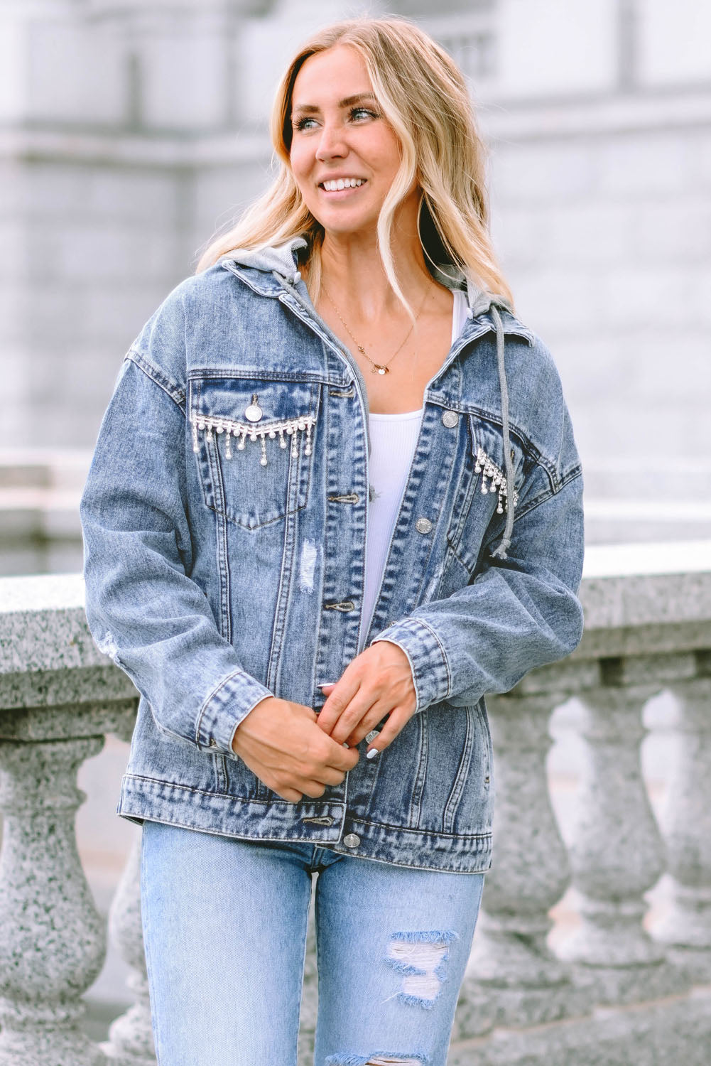 Sky Blue Rhinestone Fringed Pocket Buttoned Hooded Denim Jacket