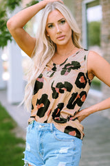 Leopard Button Neck Chest Pocket Tank Top