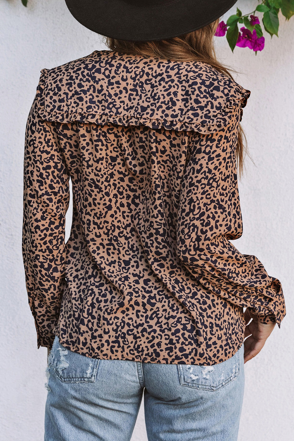 Leopard Print Buttoned Frilled V Neck Top