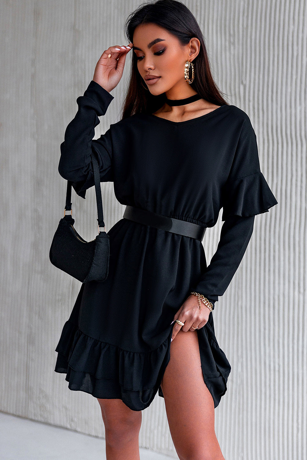 Black Ruffled V Neck Cut-out Back Elastic Waist Dress