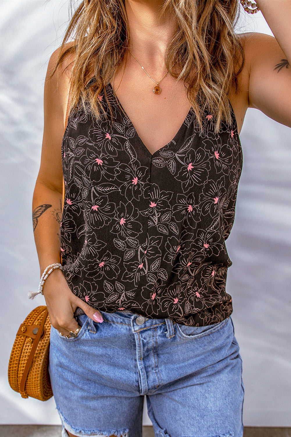 Brown Floral Print Spaghetti Strap Racerback Tank Top