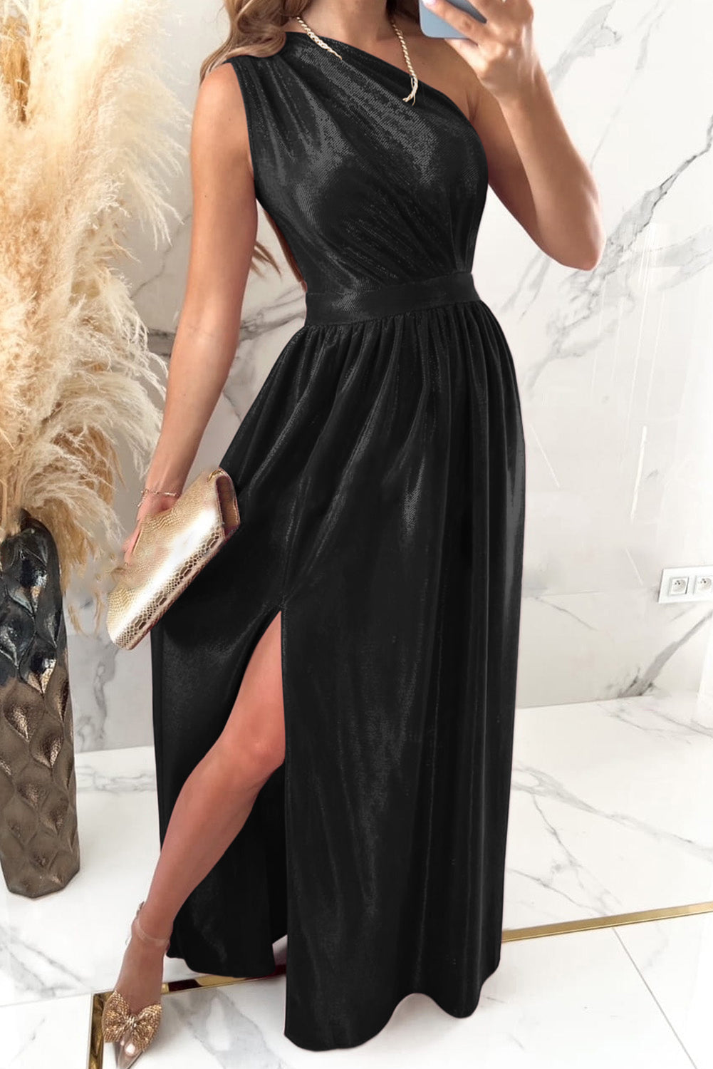 Black Shiny Velvet One Shoulder Long Split Dress