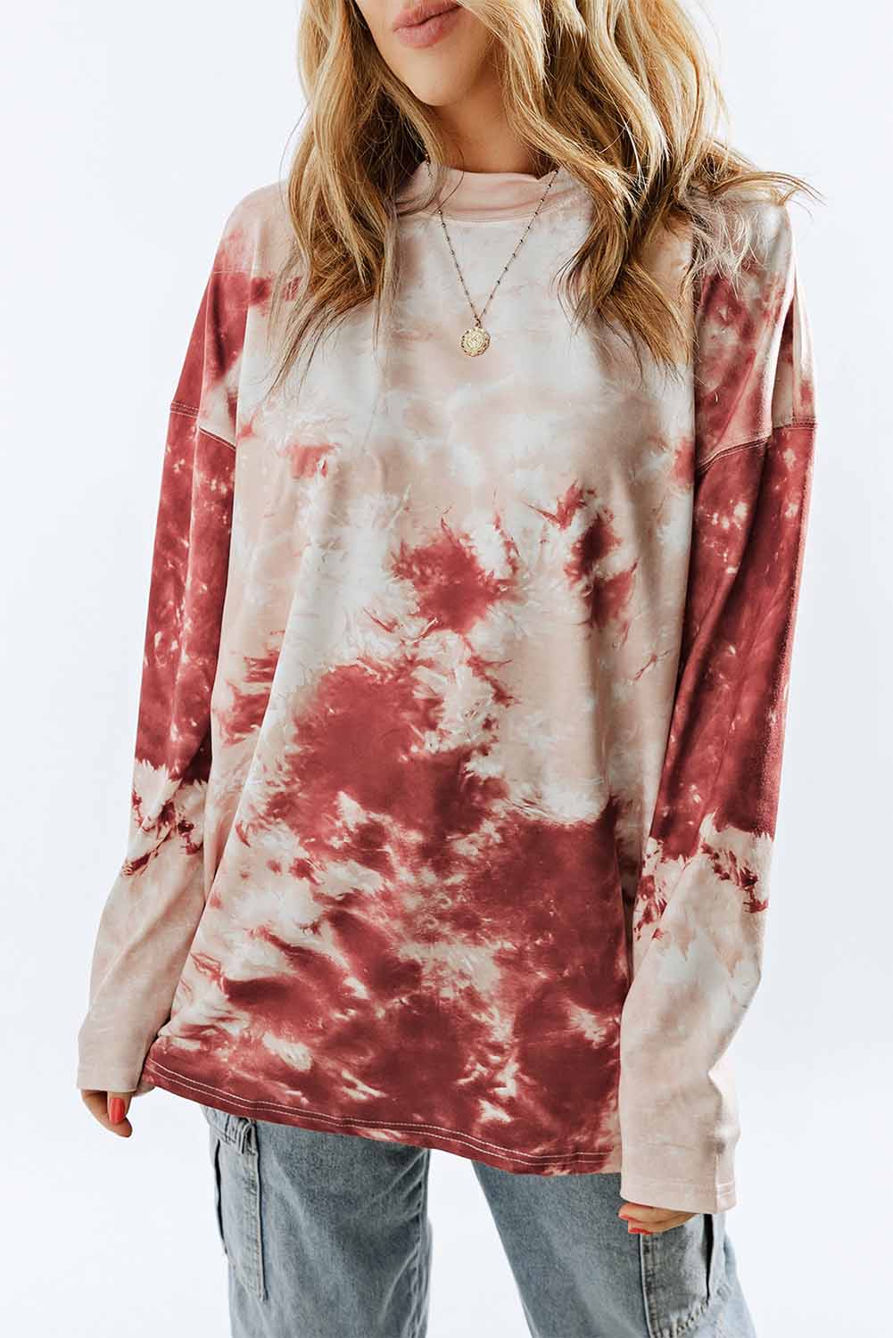 Red Tie Dye Crew Neck Long Sleeve Top