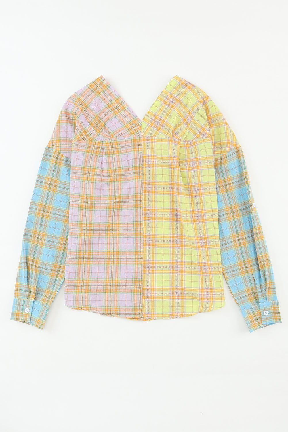 Yellow Mixed Plaid Long Sleeve V Neck Buttoned Shirt