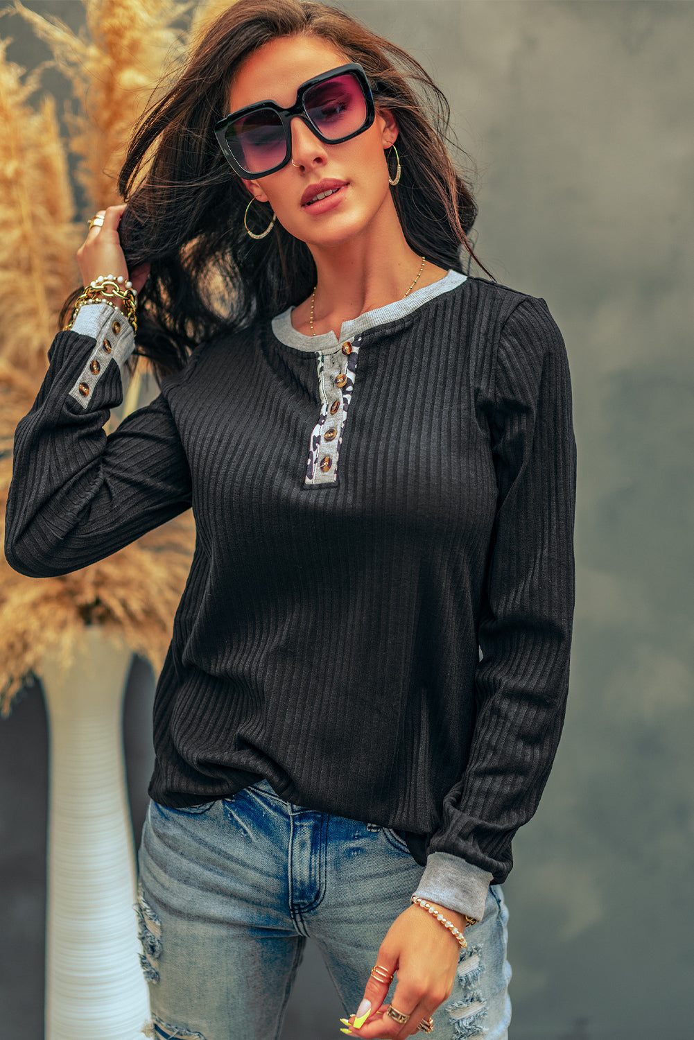 Black Contrast Neckline Ribbed Knit Henley Top