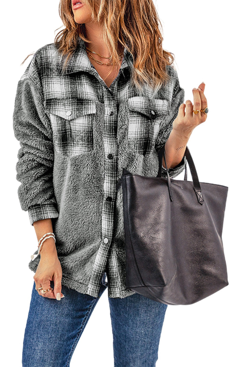 Gray Plaid Patchwork Buttoned Pocket Sherpa Jacket