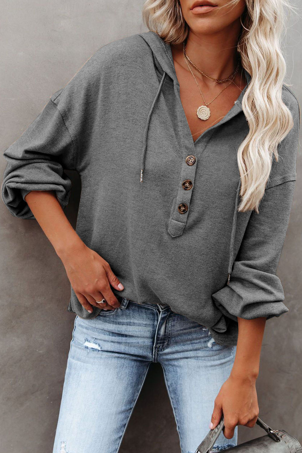 Buttoned High and Low Hem Hoodie