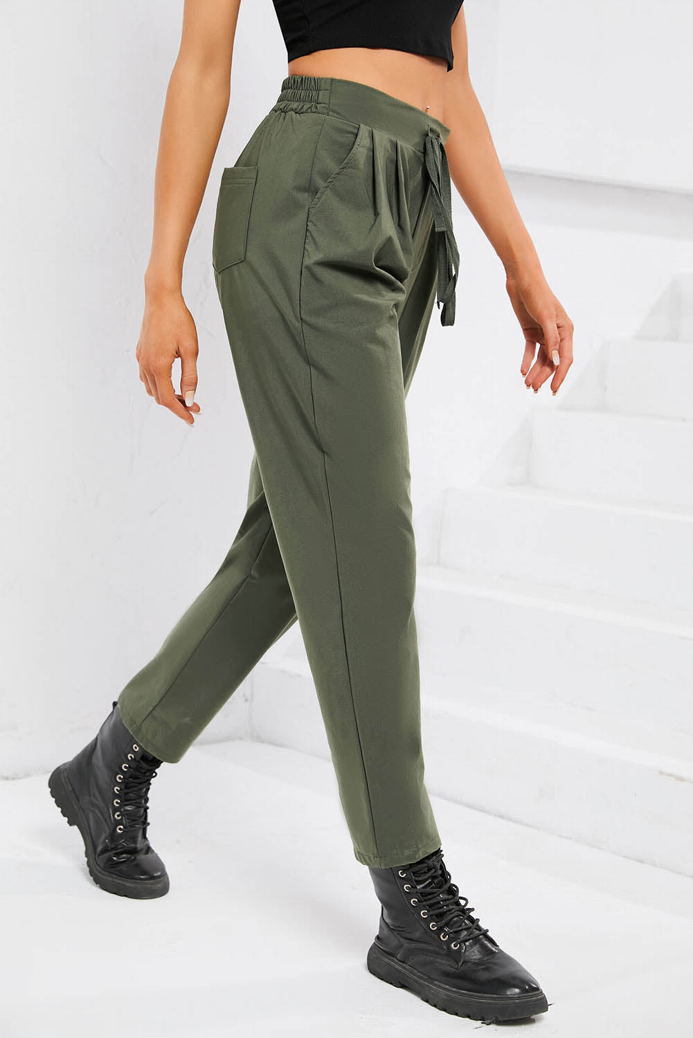 Green Casual Elastic Drawstring Waist Pants