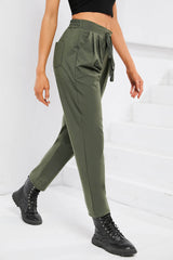 Green Casual Elastic Drawstring Waist Pants