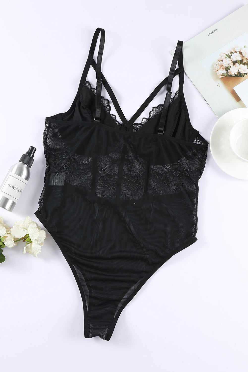 Black Spaghetti Straps Lace Panel Bodysuit