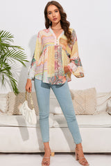 Multicolor Paisley Print Bell Sleeve Lace V-Neck Button Sheer Blouse