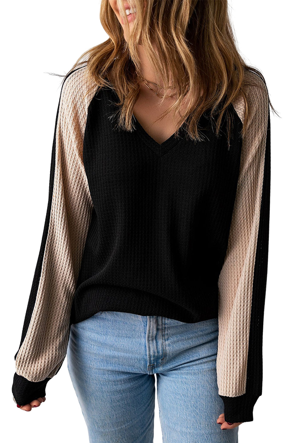 Black V Neck Contrast Block Waffle Knit Top