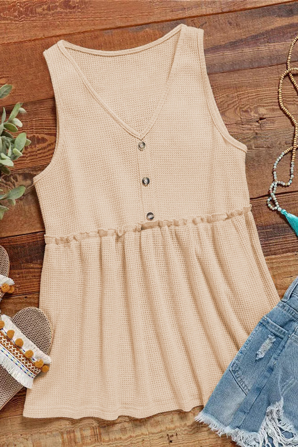 Apricot Waffle Knit Button Ruffled Casual Tank