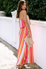 Stripe Overlay Strapless Maxi Dress with Slits