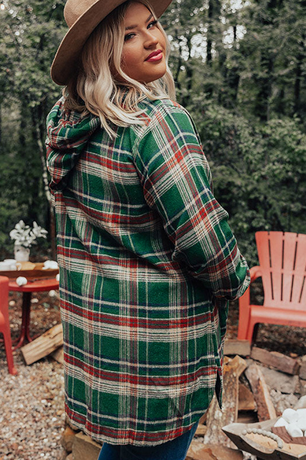 Green Plus Size Plaid Kangaroo Pocket Drawstring Hoodie