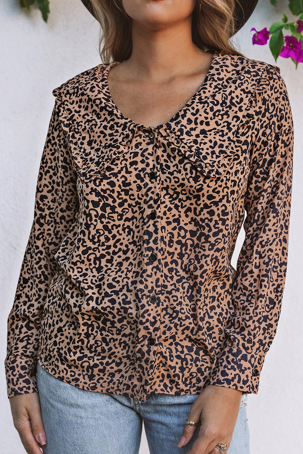 Leopard Print Buttoned Frilled V Neck Top