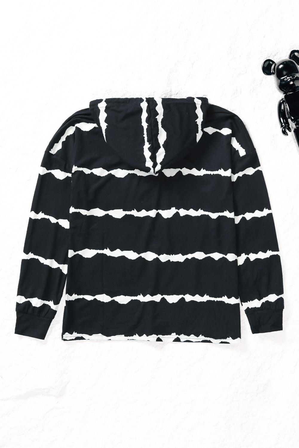 White Striped Drawstring Button Long Sleeve Hoodie