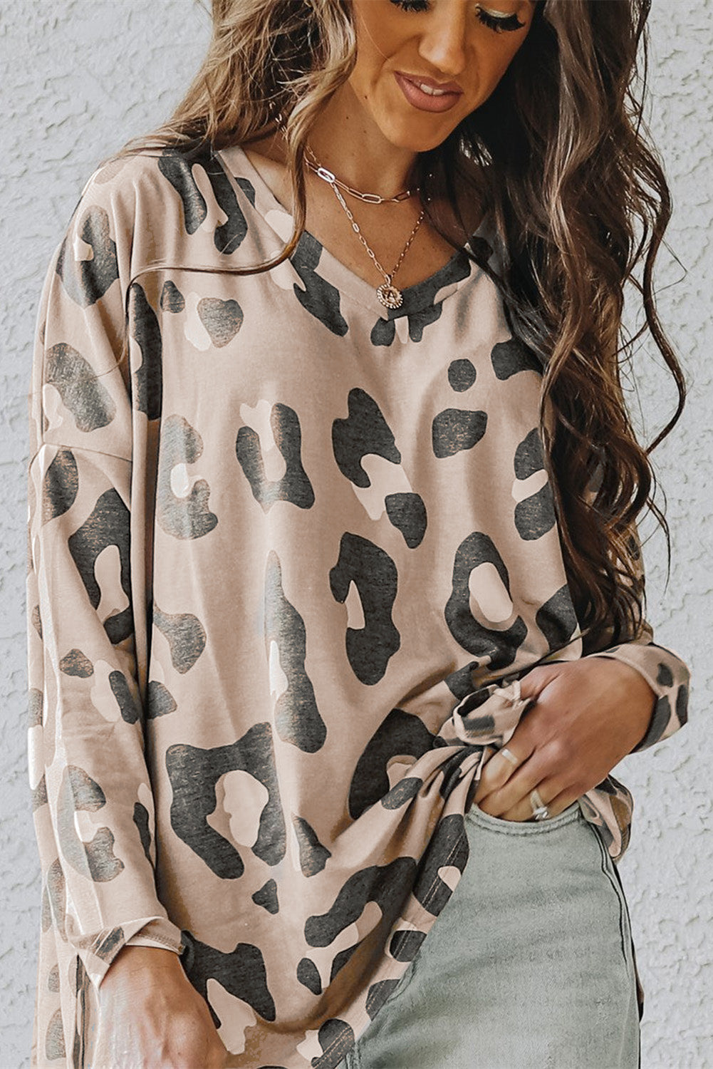 Khaki Leopard V Neck Drop Shoulder Long Sleeve Top