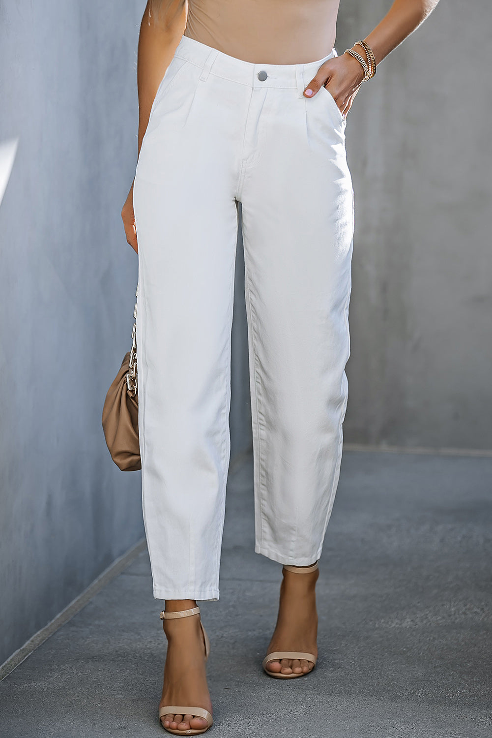 White Solid High Waist Casual Pants