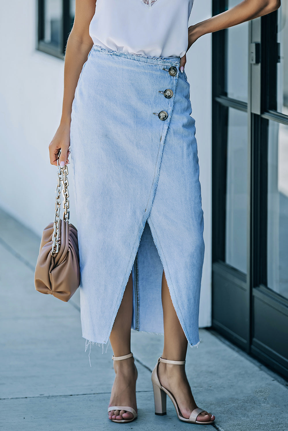 Sky Blue Buttoned Wrap Maxi Denim Skirt