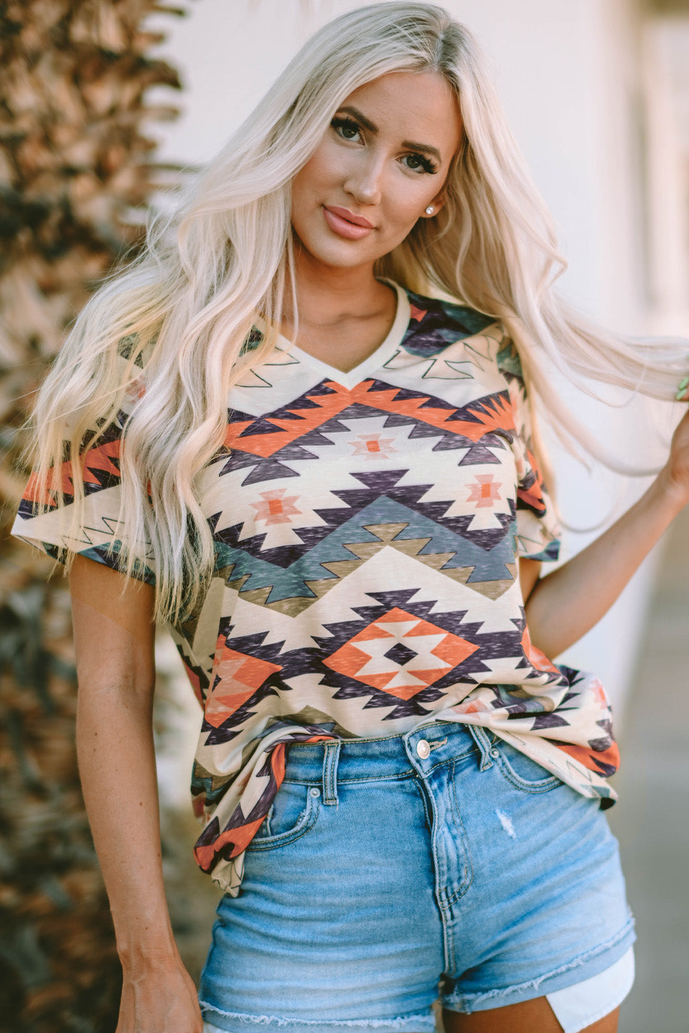 Beige Western Aztec Print Short Sleeve Top