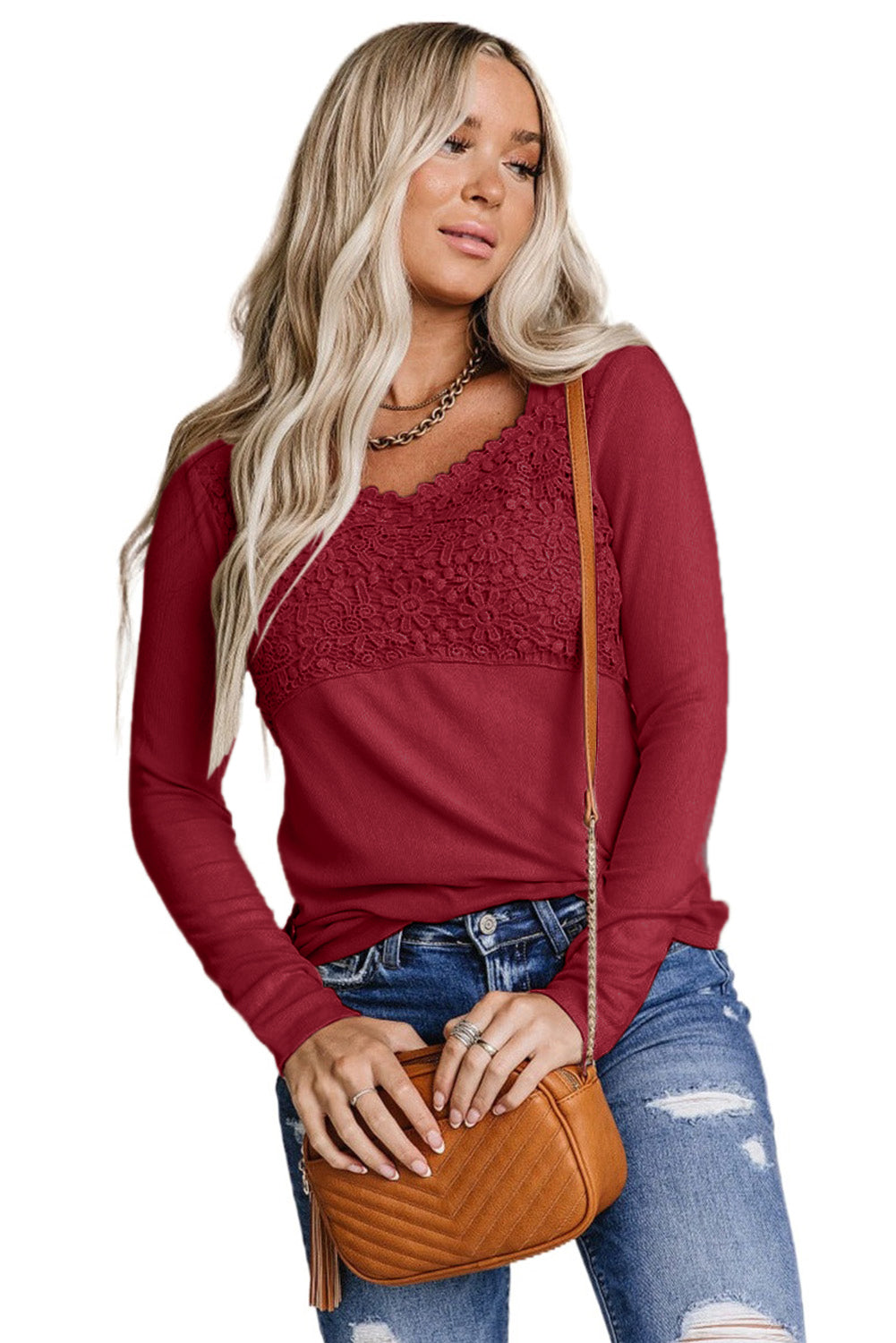 Red Lace Crochet V Neck Long Sleeve Top