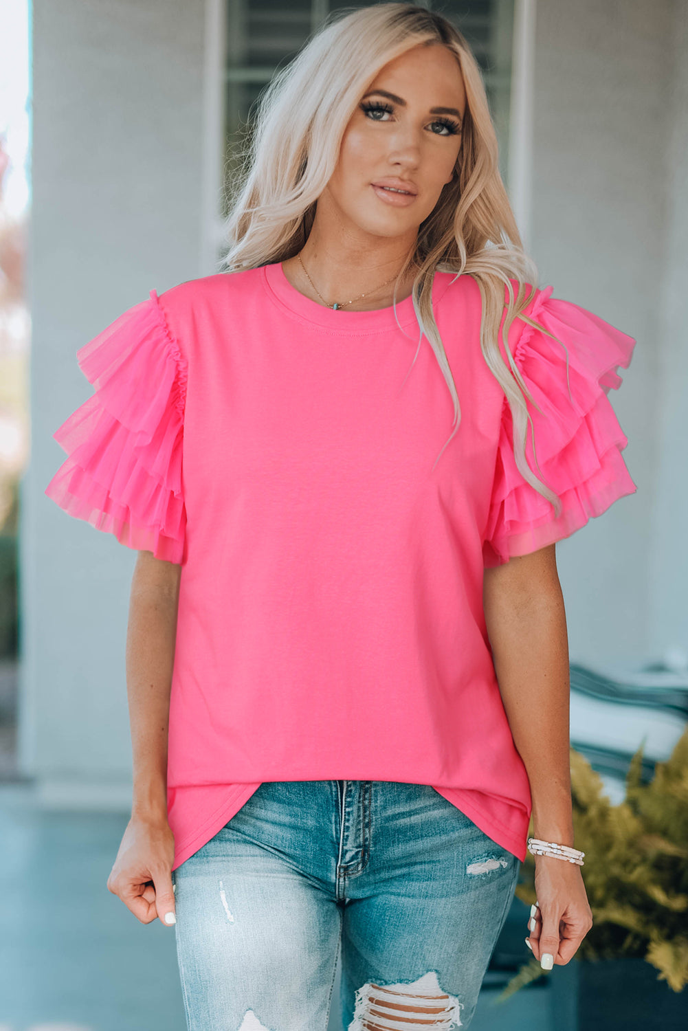 Pink Tulle Ruffle Sleeve Top