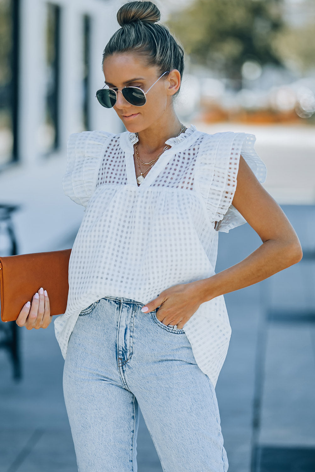 White Grid Pattern Ruffled Shoulder Top